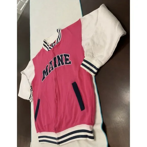 Women Girls Maine Spell Out Varsity Bomber Jacket Barbiecore Full Zip M 44”Chest - Picture 8 of 16